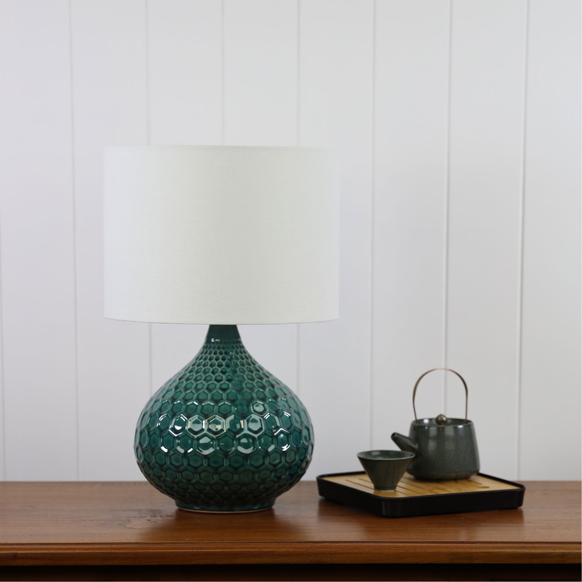 Ridley Teal Ceramic & White Fabric Table Lamp