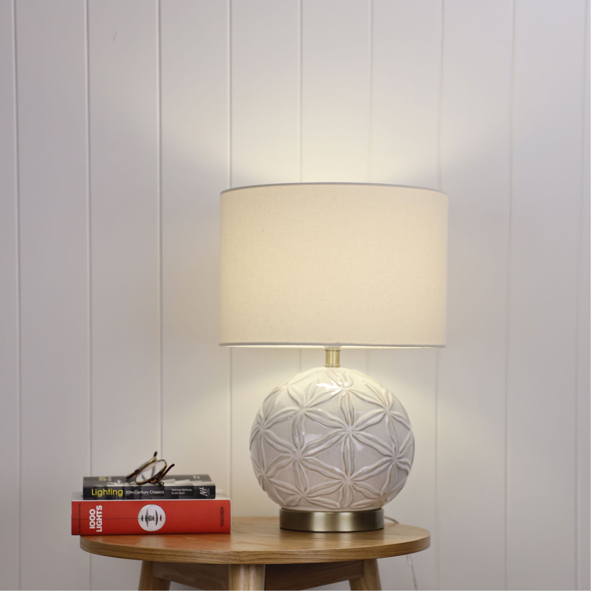 Ariel White Ceramic, Antique Brass & White Fabric Table Lamp
