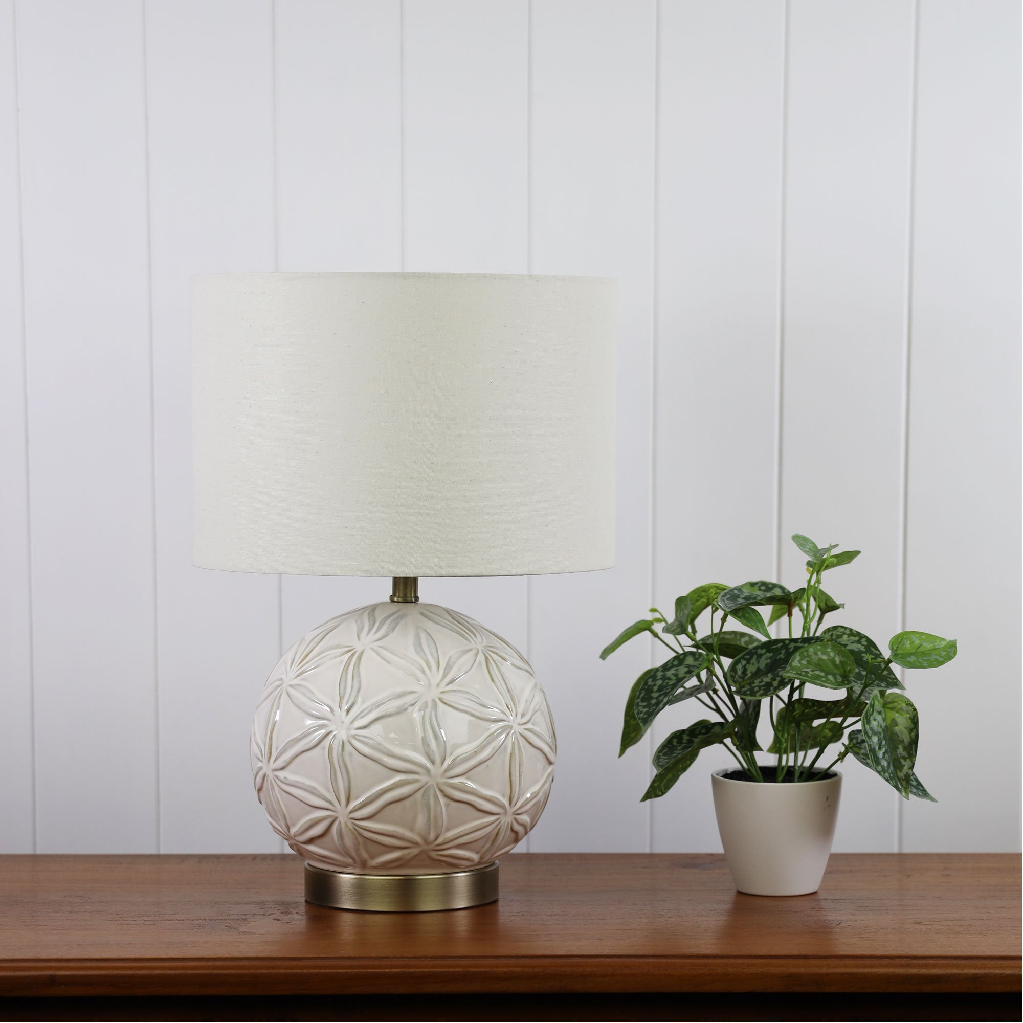 Ariel White Ceramic, Antique Brass & White Fabric Table Lamp