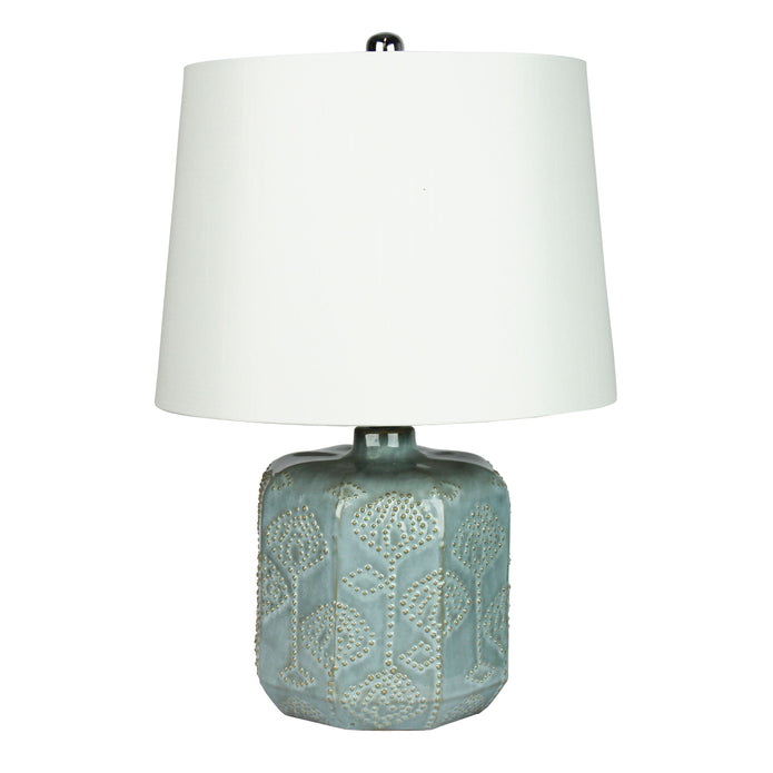 Bikki Embossed Blue Ceramic Lamp With Harp Shade