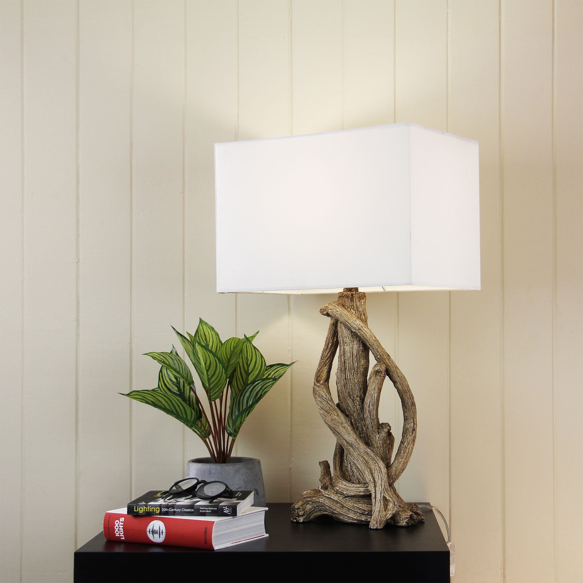 Sedona Aged Timber Finish Resin & White Linen Table Lamp