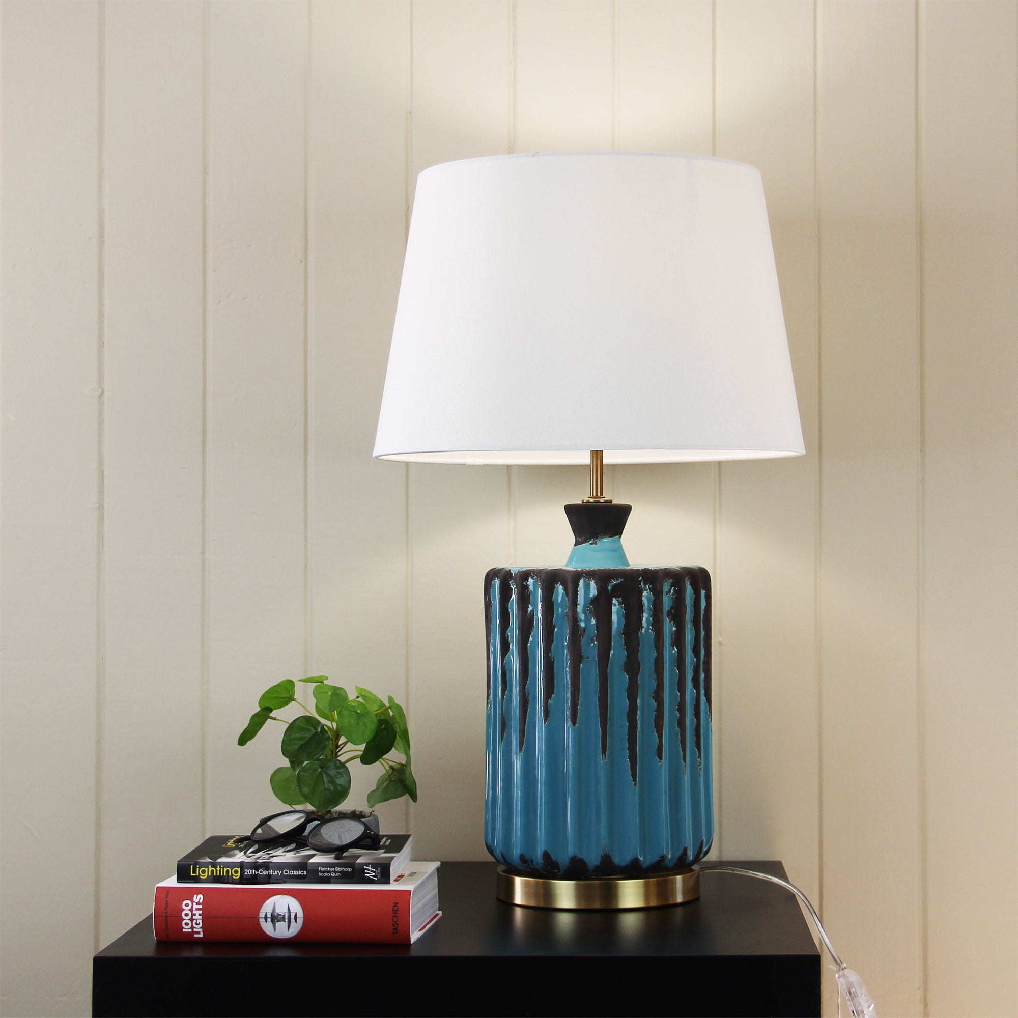 Azure Aqua & Charcoal Ceramic & White Linen Table Lamp