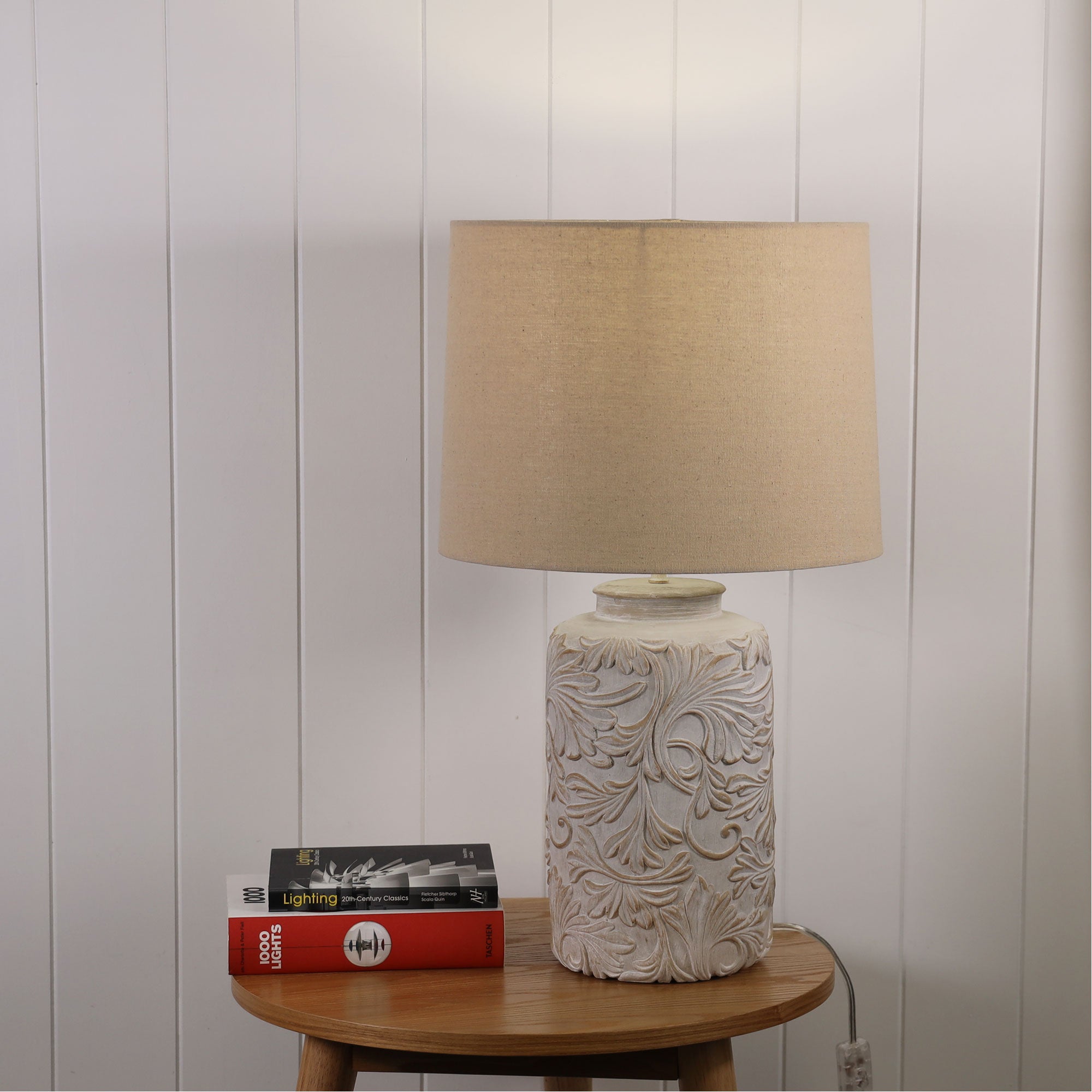 Andorra White Wash Resin & Flax Linen Romantic Embossed Floral Table Lamp