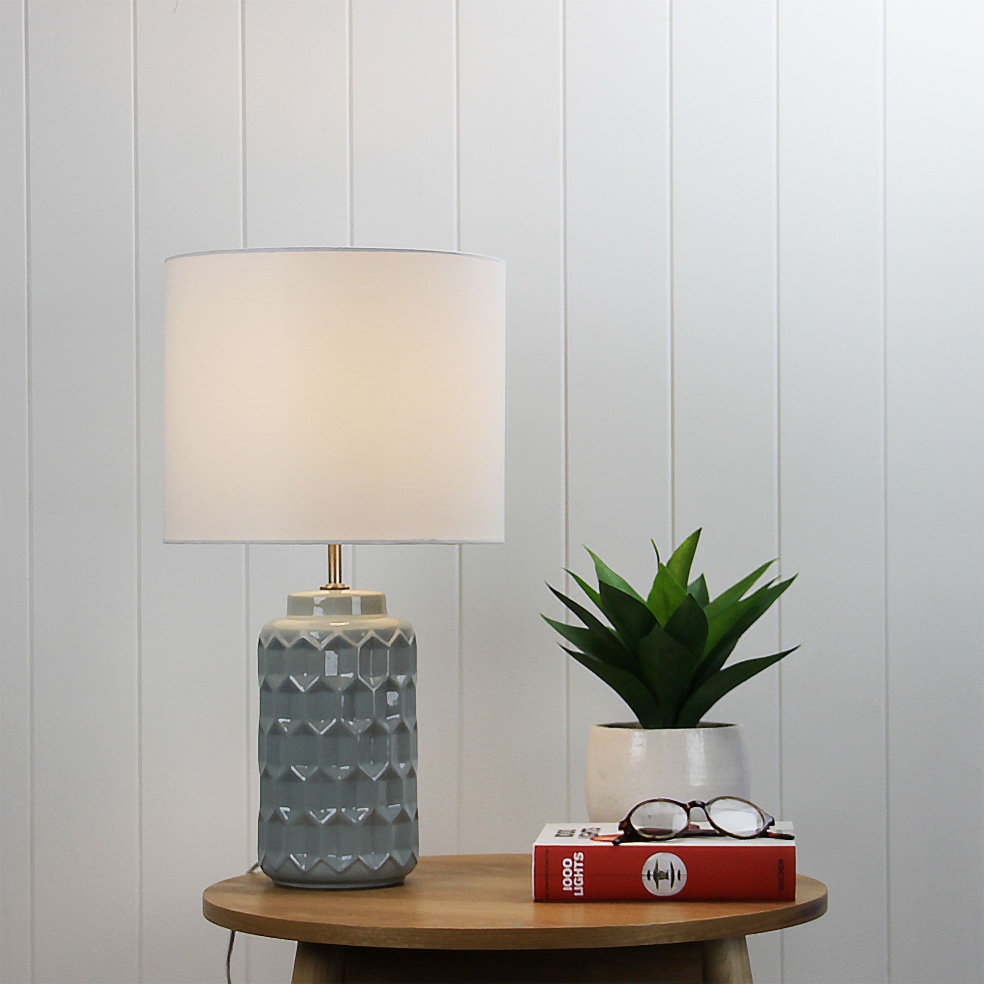 Helge Blue-Grey Ceramic & Ivory Linen Table Lamp