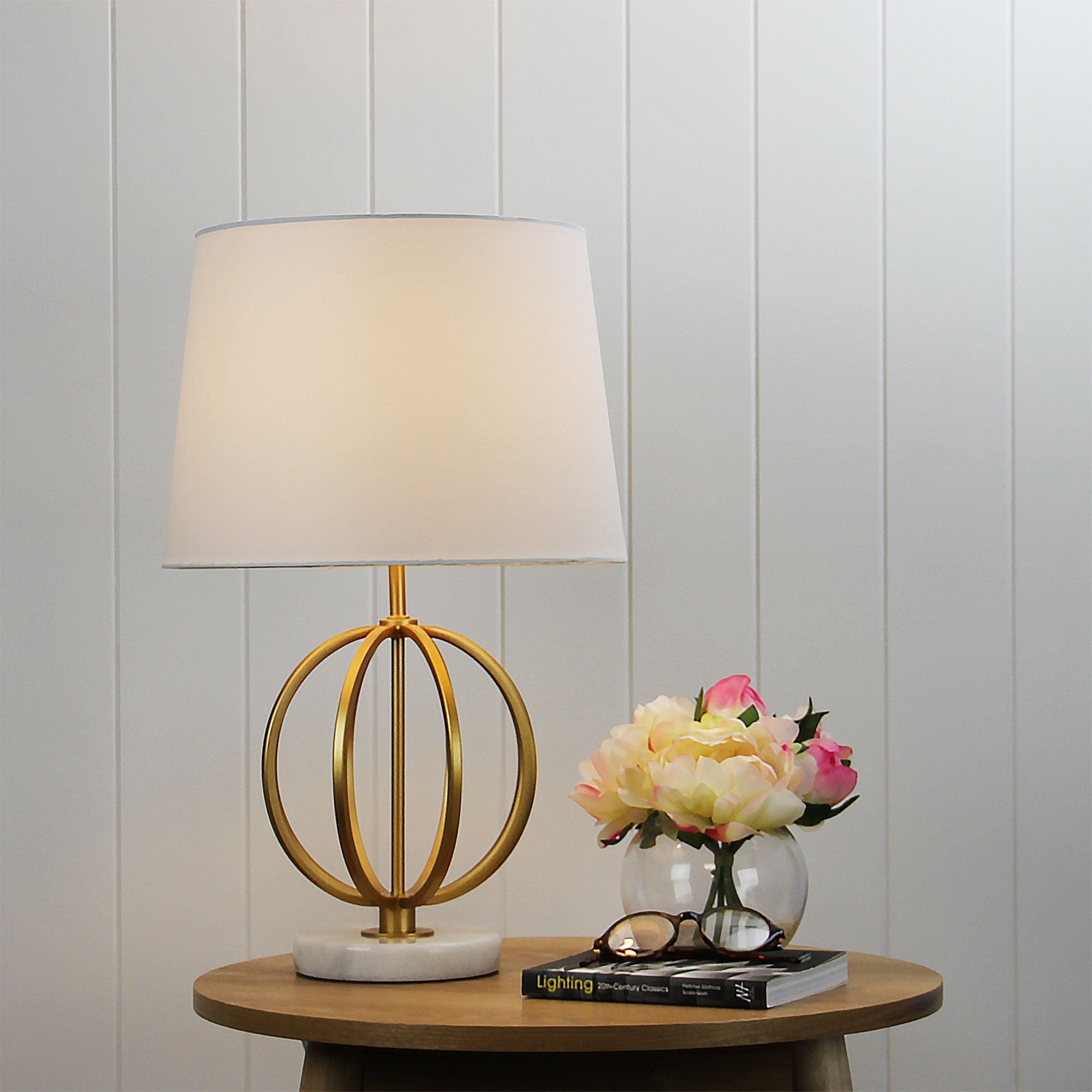 Loxton Gold Painted Metal, White Marble & White Linen Table Lamp