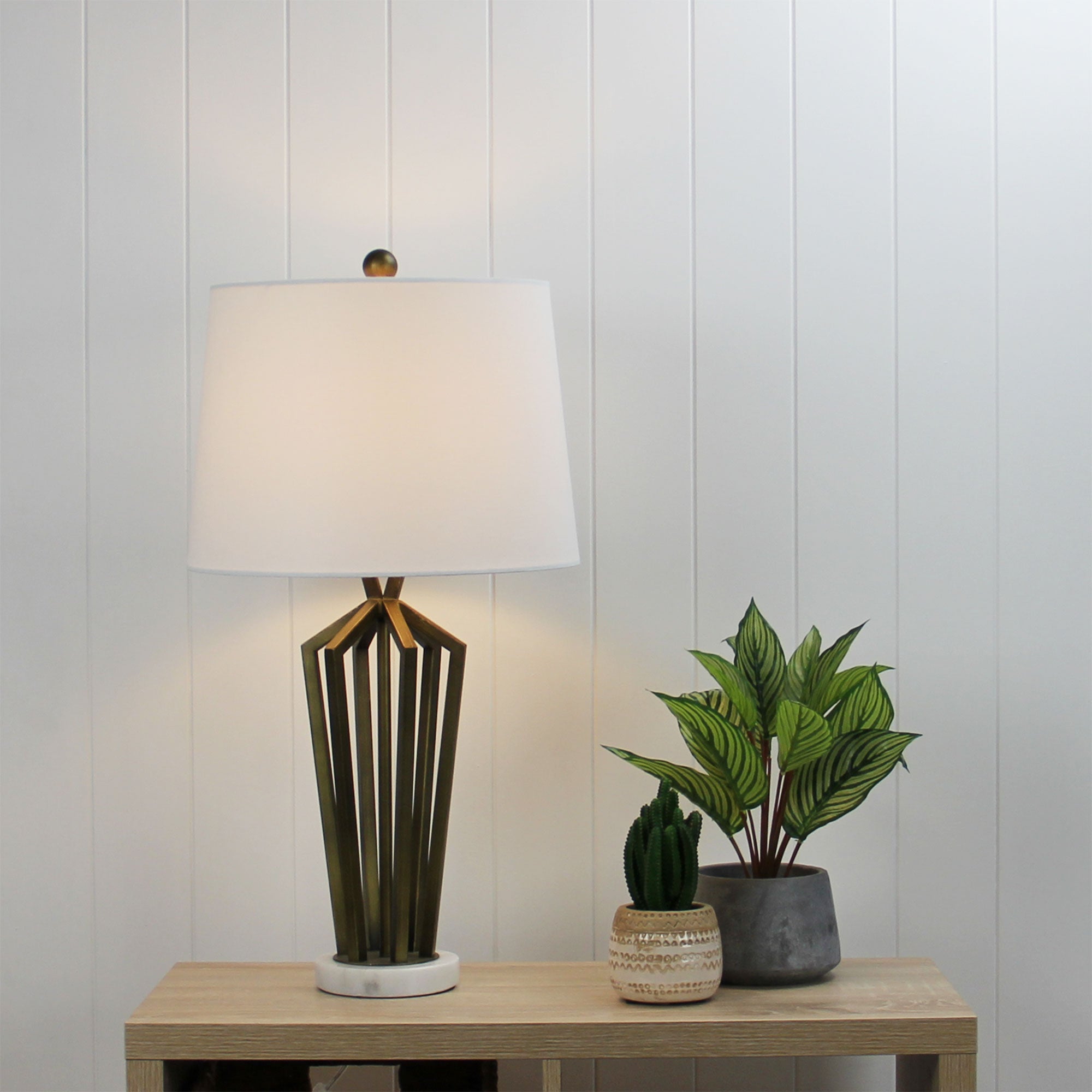 Romsey Bronze Metal & Ivory Linen Geometric Table Lamp With Harp Shade