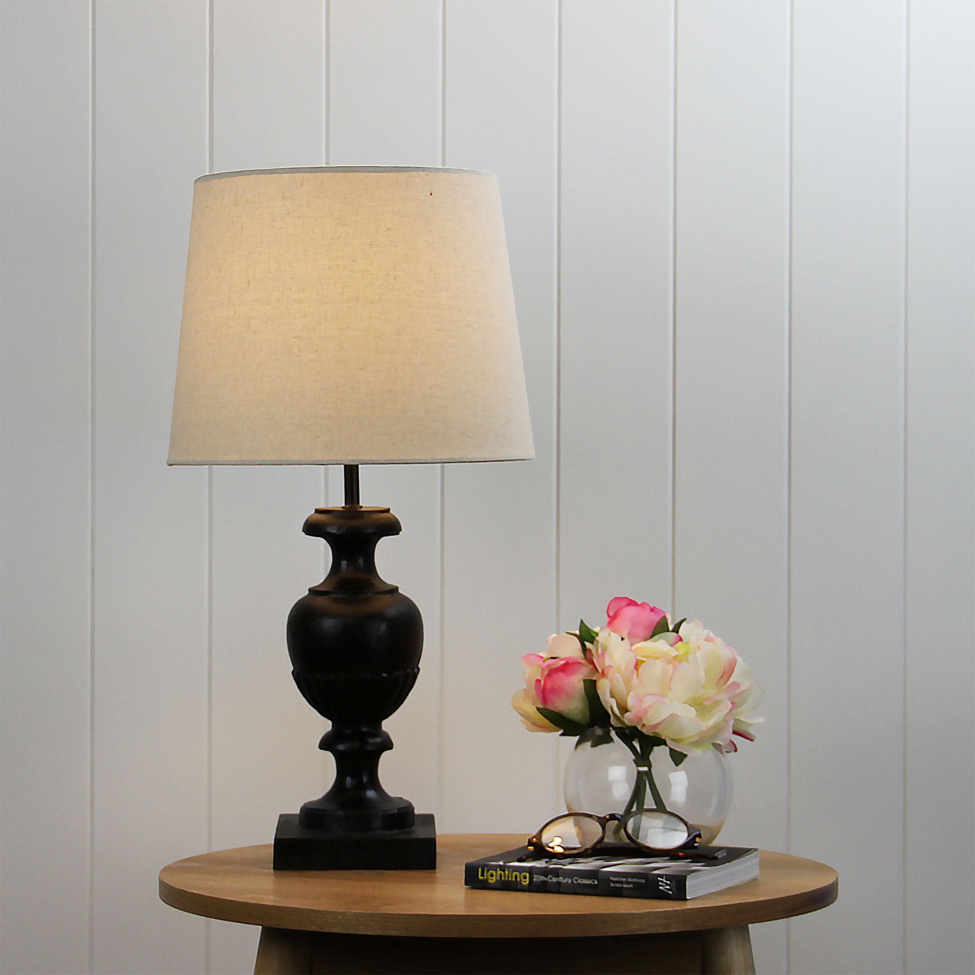 Cadiz Distressed Antique Walnut Resin & Calico Linen Table Lamp