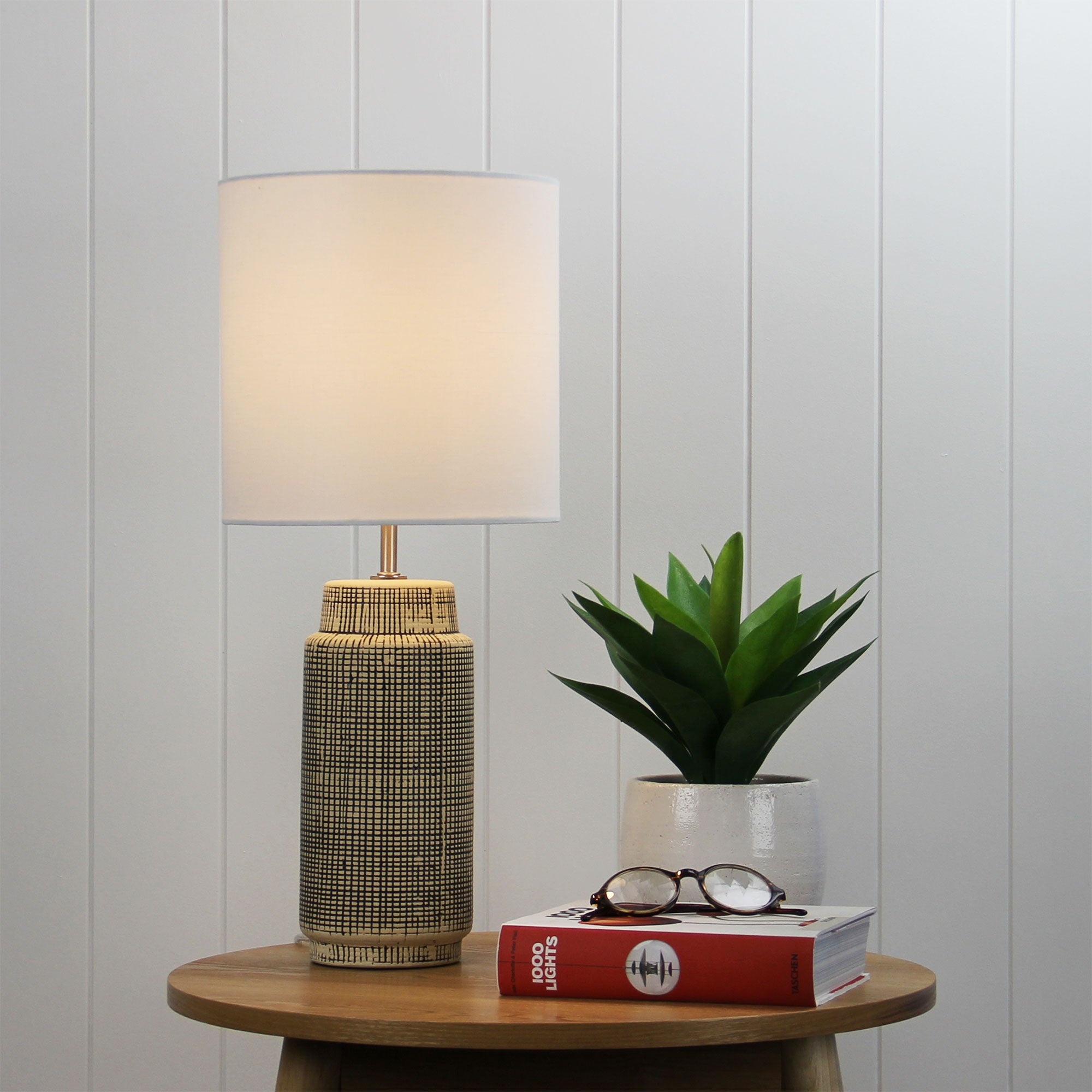 Zamora Beige Ceramic & Ivory Linen Table Lamp