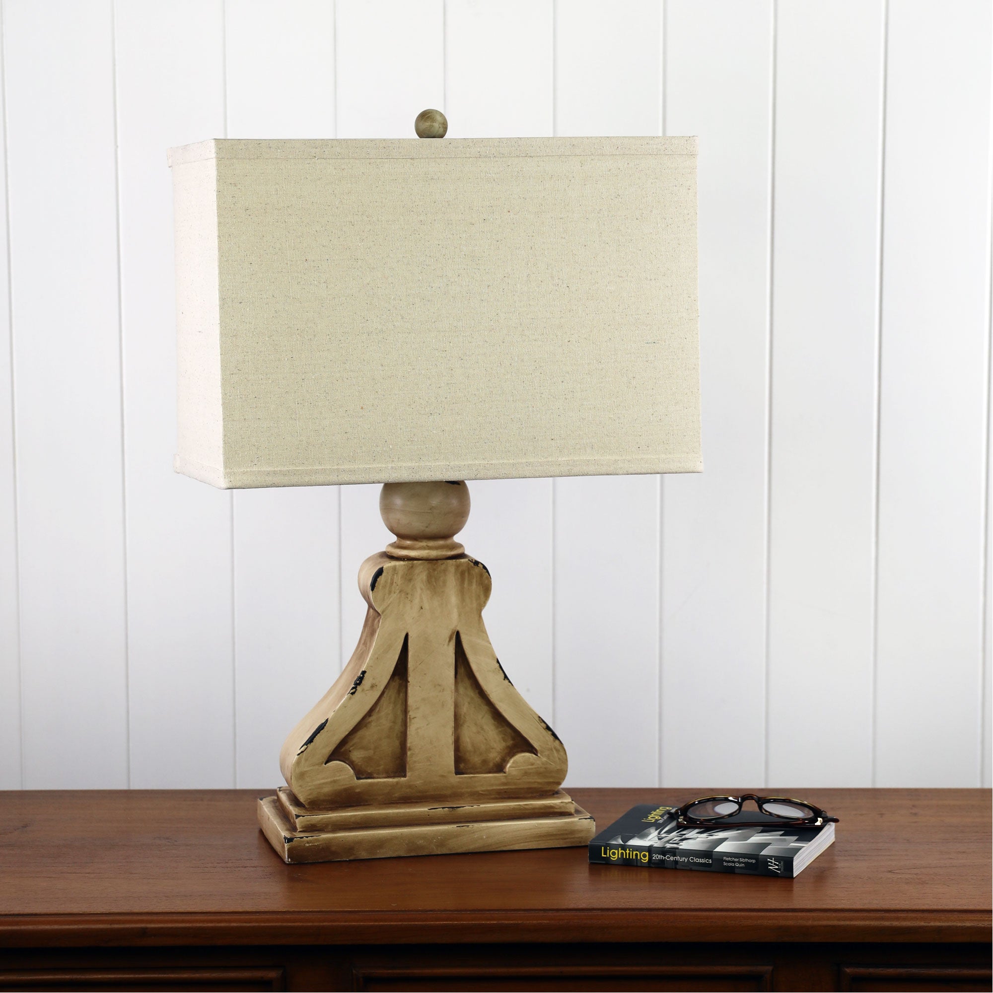 Provence Distressed Wood Tone Resin & Natural Linen Table Lamp With Harp Shade