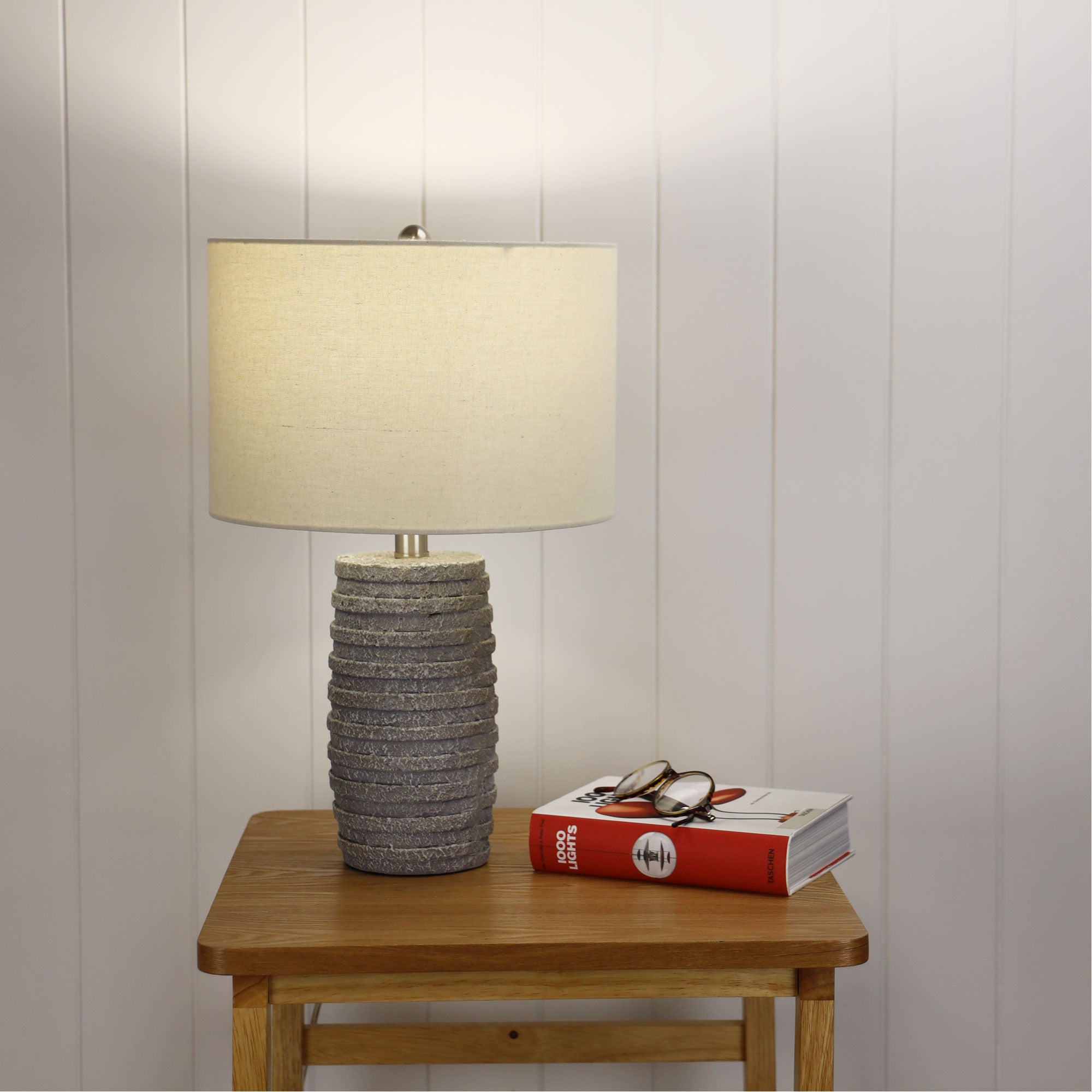 Strata Grey Resin & Natural Linen, Concrete Look Table Lamp With Harp Shade