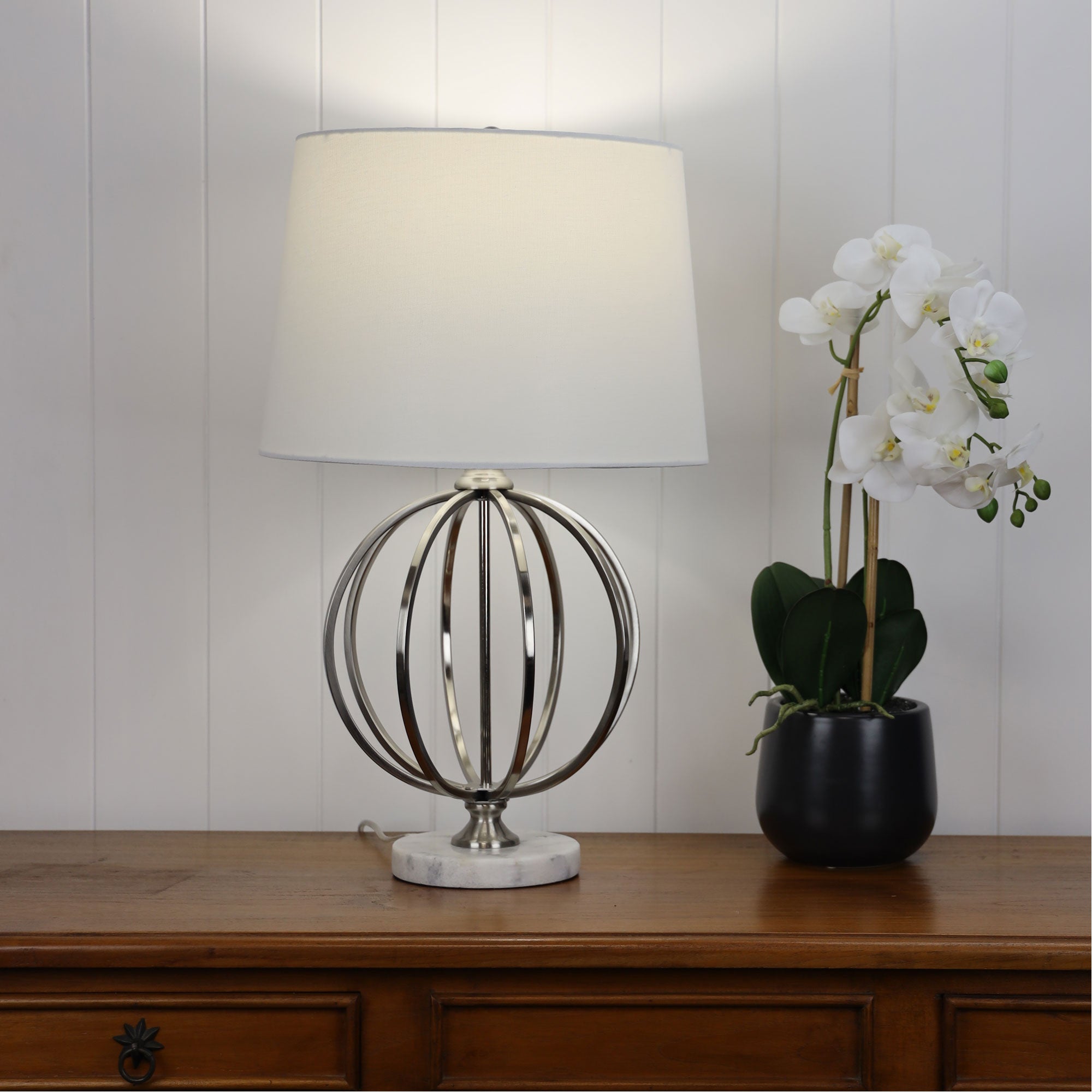 Vinchy Brushed Chrome & White Fabric Geometric Lamp With Harp Shade