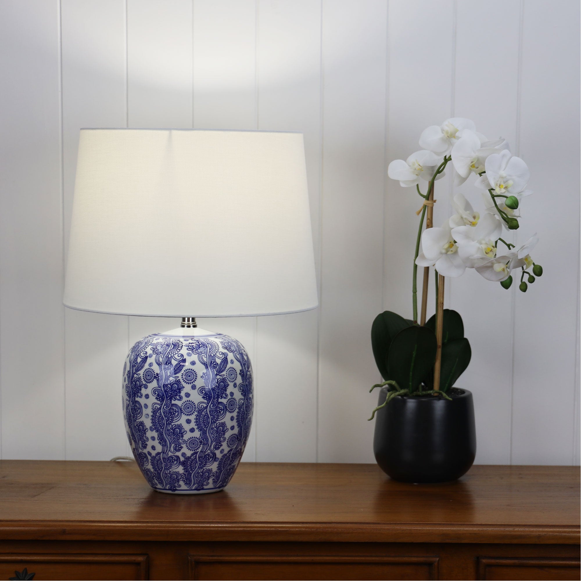 Mei Blue Ceramic & White Fabric Table Lamp