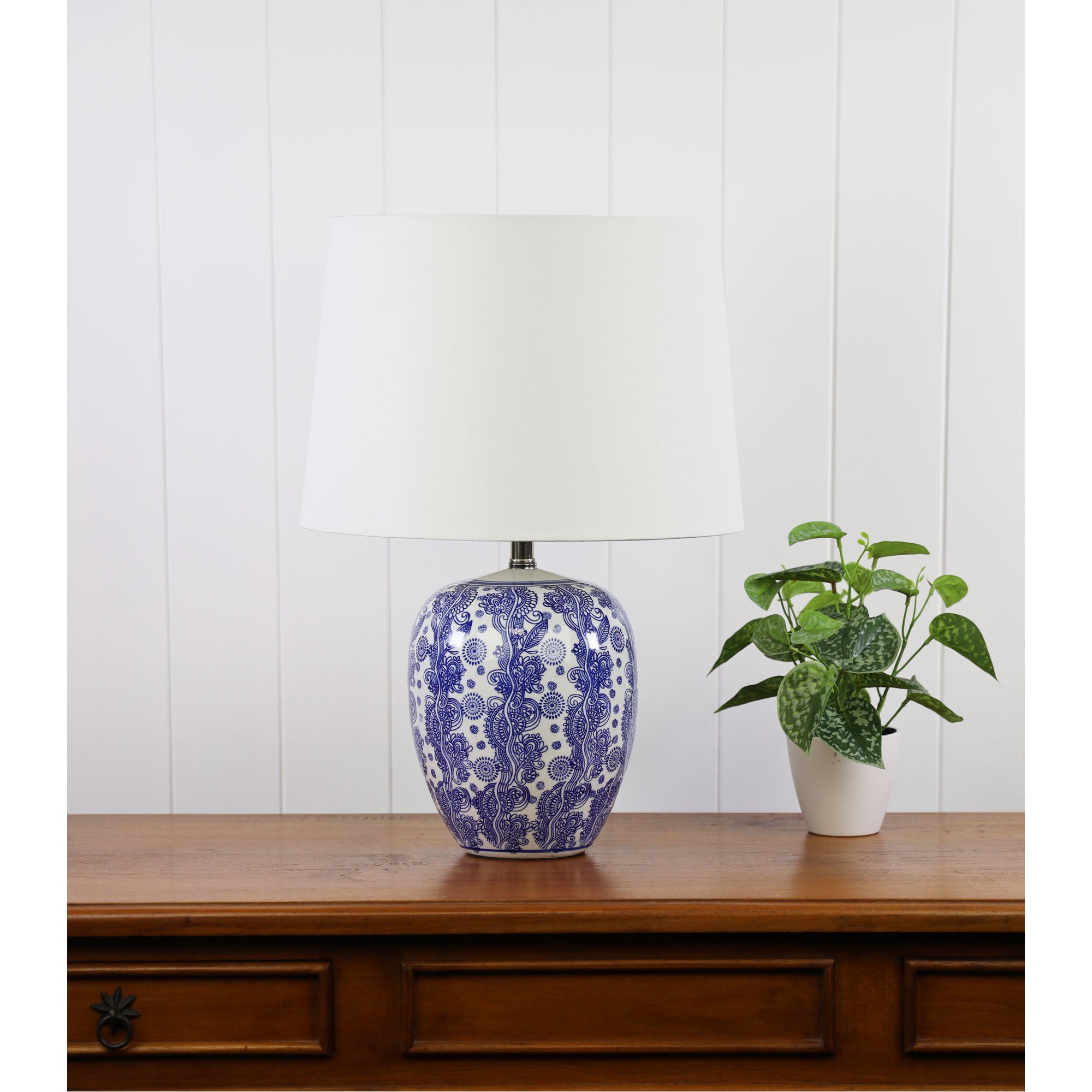 Mei Blue Ceramic & White Fabric Table Lamp