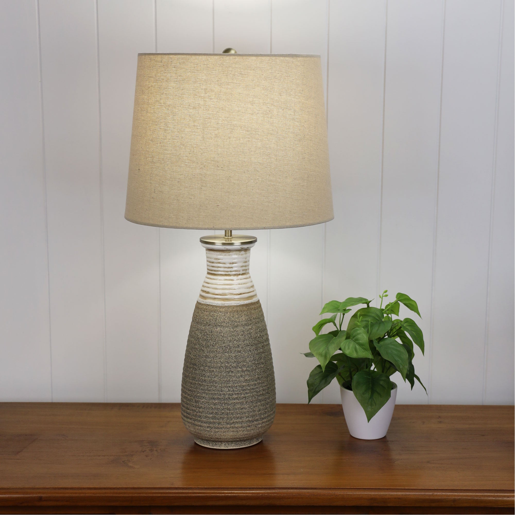Potton Beige & Natural Linen Shade Textured Table Lamp With Harp Shade