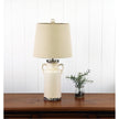 Whitby Distressed White Ceramic & Natural Linen Shade Table Lamp With Harp Shade