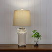 Whitby Distressed White Ceramic & Natural Linen Shade Table Lamp With Harp Shade