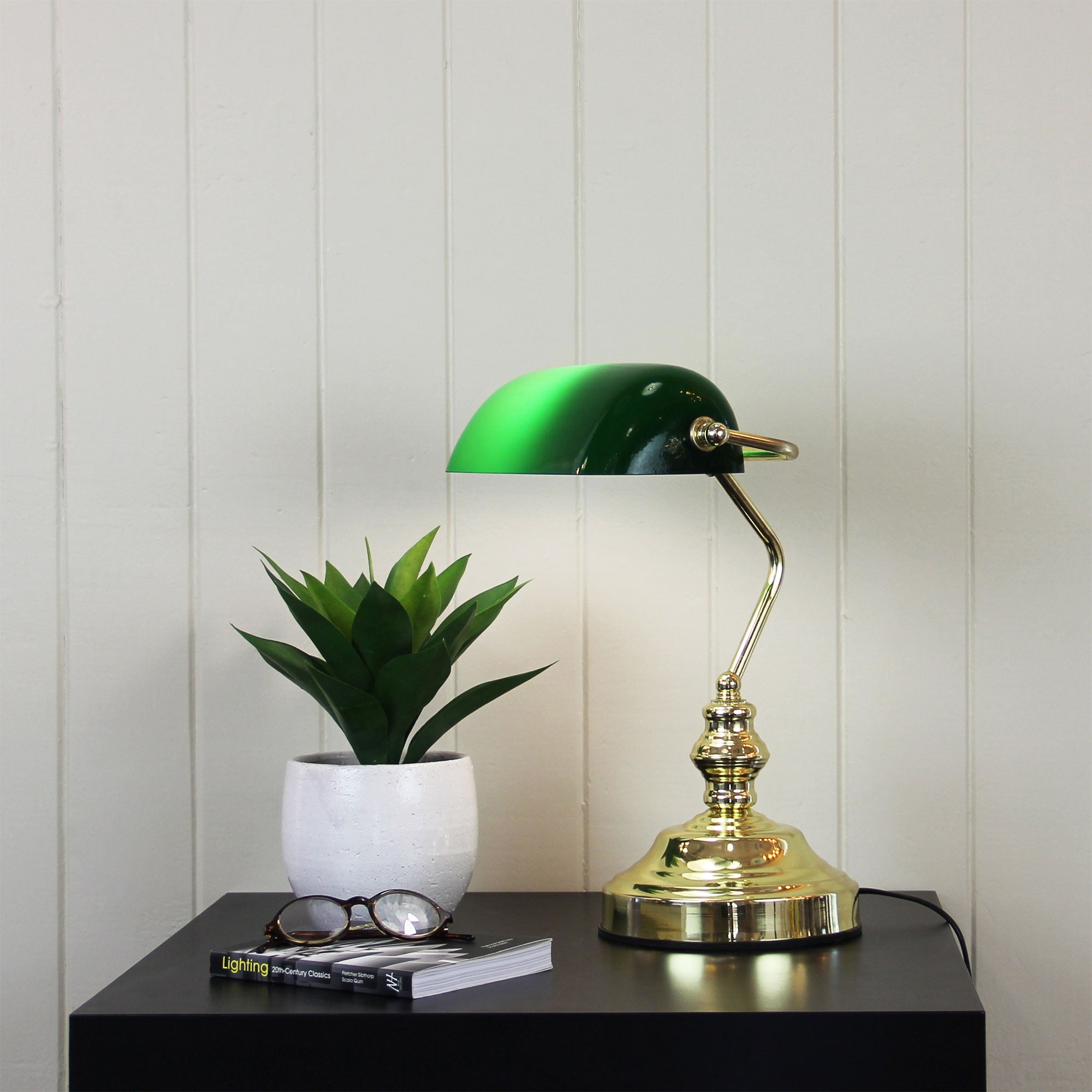 Bankers Switched Brass Plated & Green Glass Shade Table Lamp