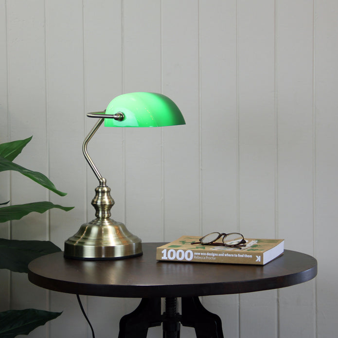 Bankers Antique Brass & Green Glass On/Off Touch Lamp