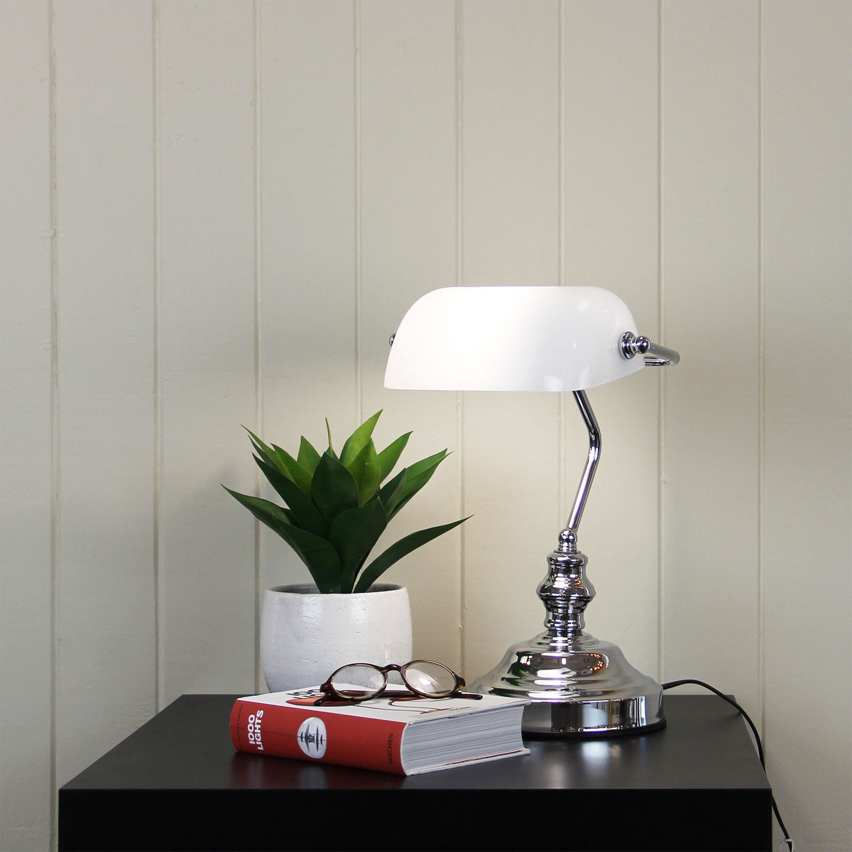 Bankers Bright Chrome & Opal Glass On/Off Touch Lamp