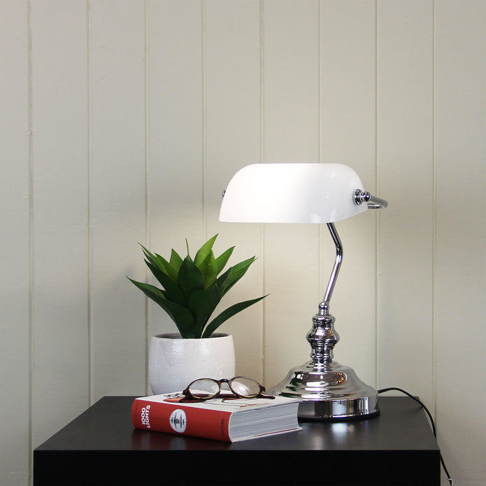 Bankers Bright Chrome & Opal Glass On/Off Touch Lamp