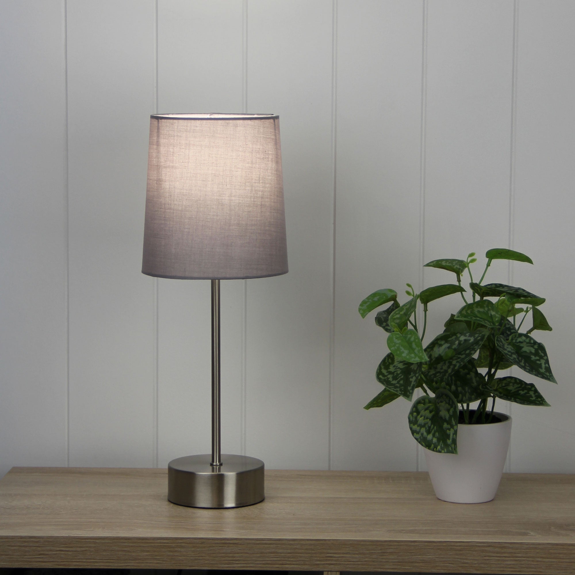 Lancet Brushed Chrome & Grey Fabric Shade On-Off Touch Lamp