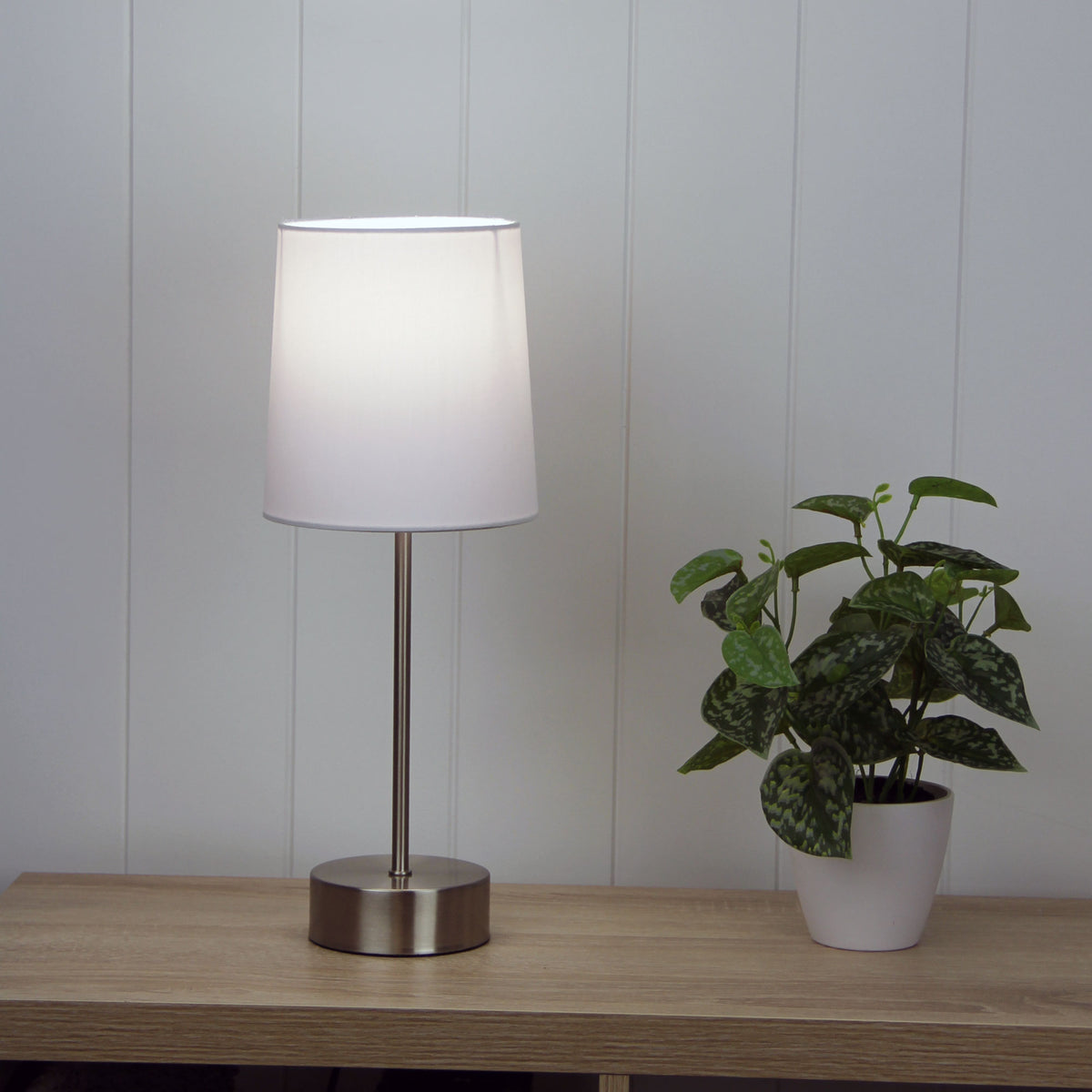 Lancet Brushed Chrome & White Fabric Shade On-Off Touch Lamp