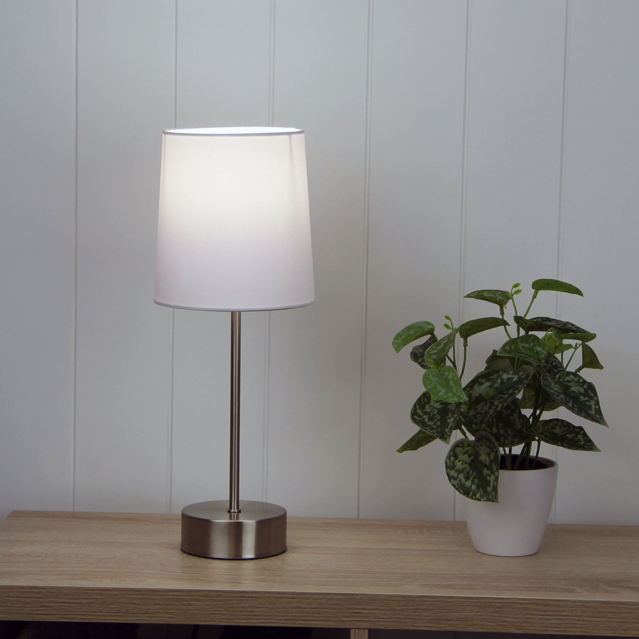 Lancet Brushed Chrome & White Fabric Shade On-Off Touch Lamp