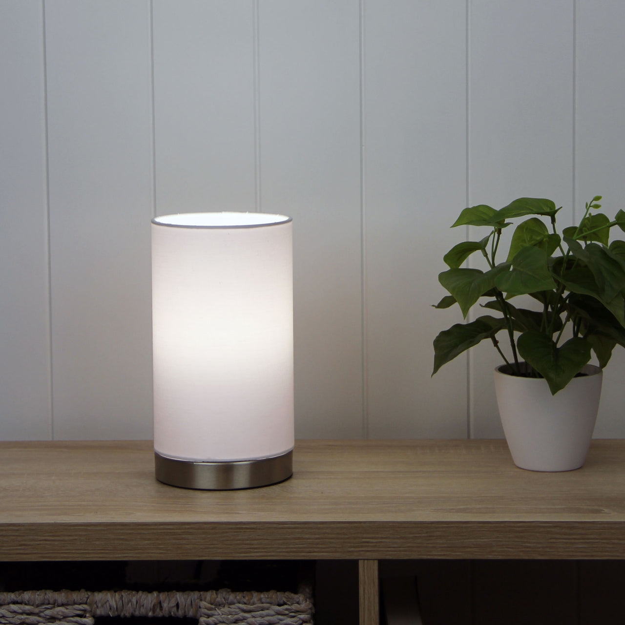 Mantel Brushed Chrome & White Fabric On-Off Touch Lamp