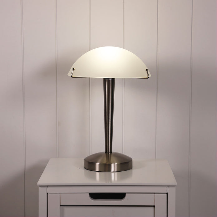 Ruby Brushed Chrome & Frosted Glass E14 On-Off Touch Lamp