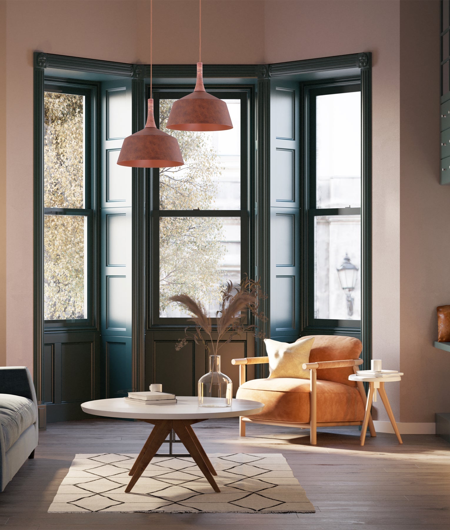 Oxido: Interior Rustic Brown with Travertine Highlight Angled Dome Pendant Lights