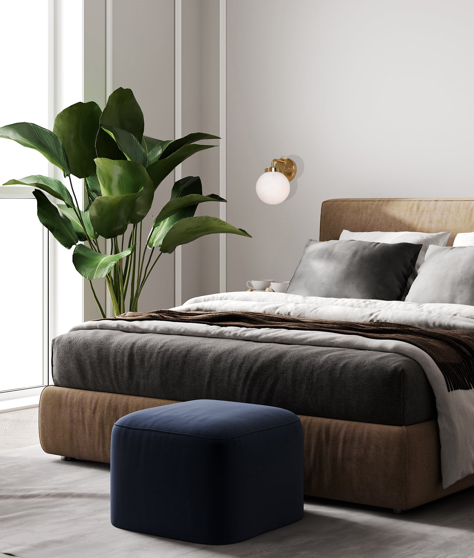 PALLA: Interior Single Sphere Alabaster with Brass Highlight Round Base Wall Light