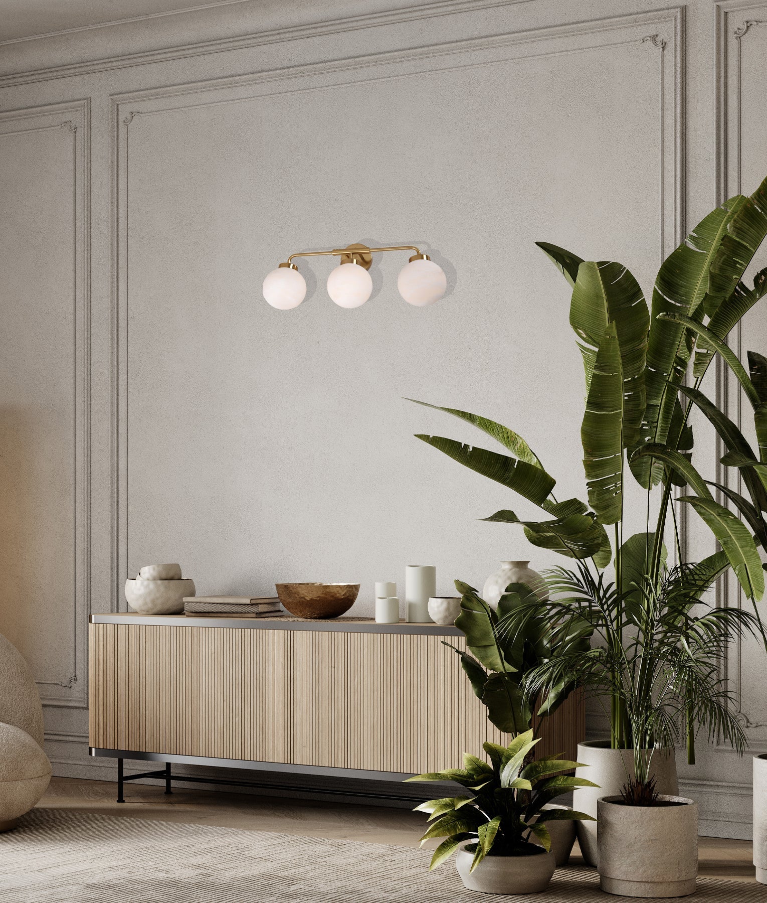 PALLA: Interior Triple Sphere Alabaster with Brass Highlight Round Base Wall Light