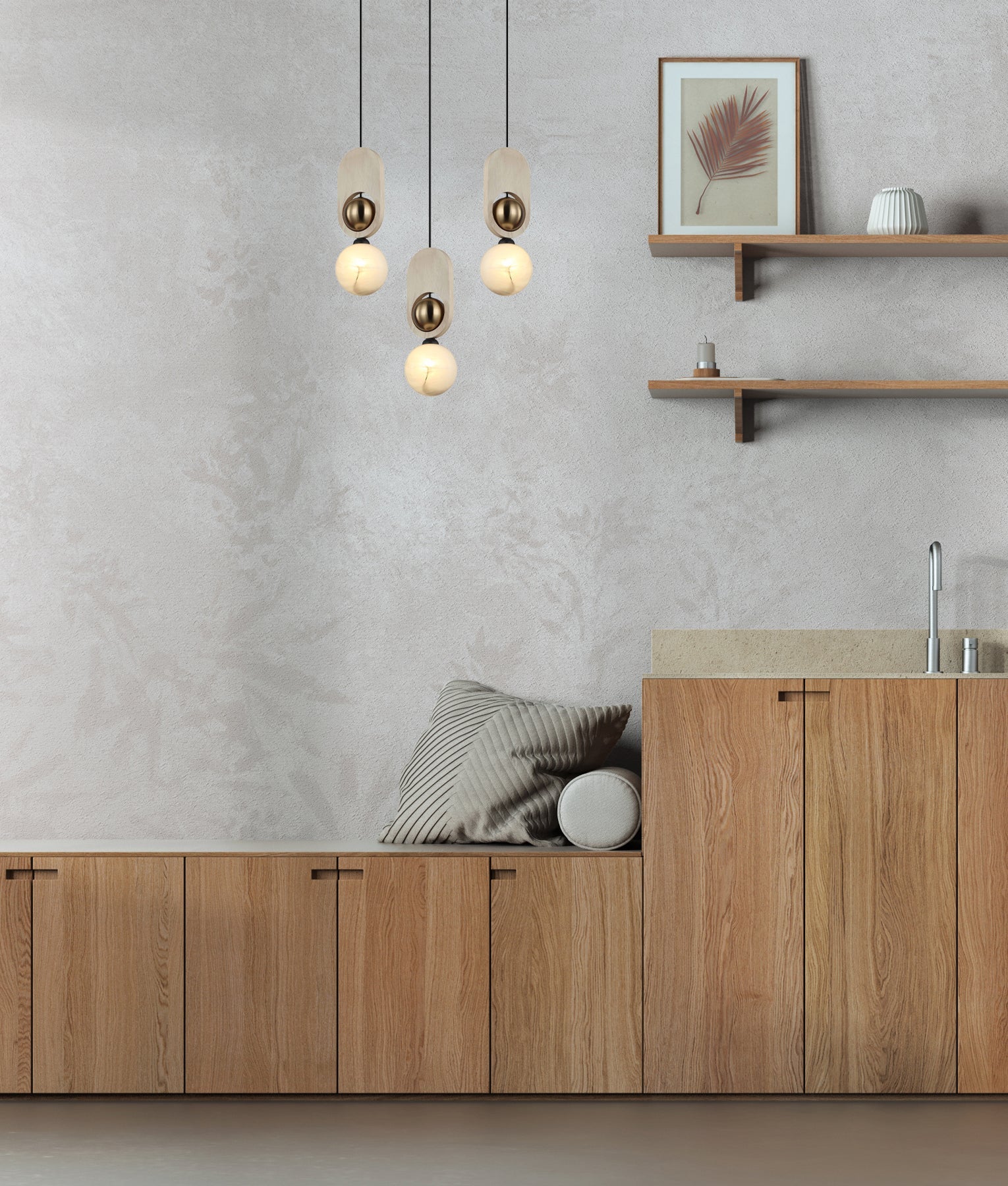 Palta: Interior Sandblasted Opal Diffuser with Brass & Wood Highlight Pendant Lights