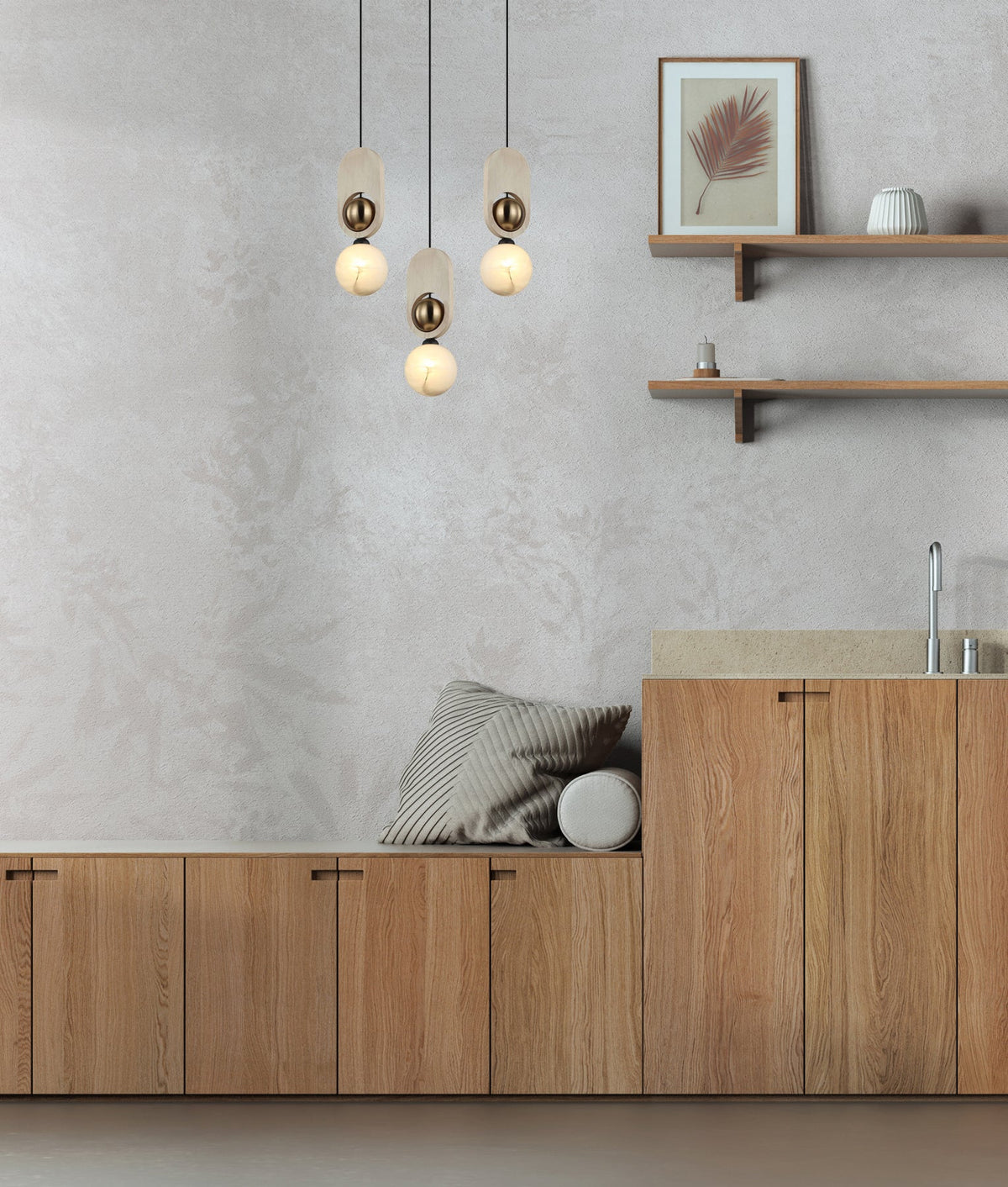Palta: Interior Sandblasted Opal Diffuser with Brass & Wood Highlight Pendant Lights