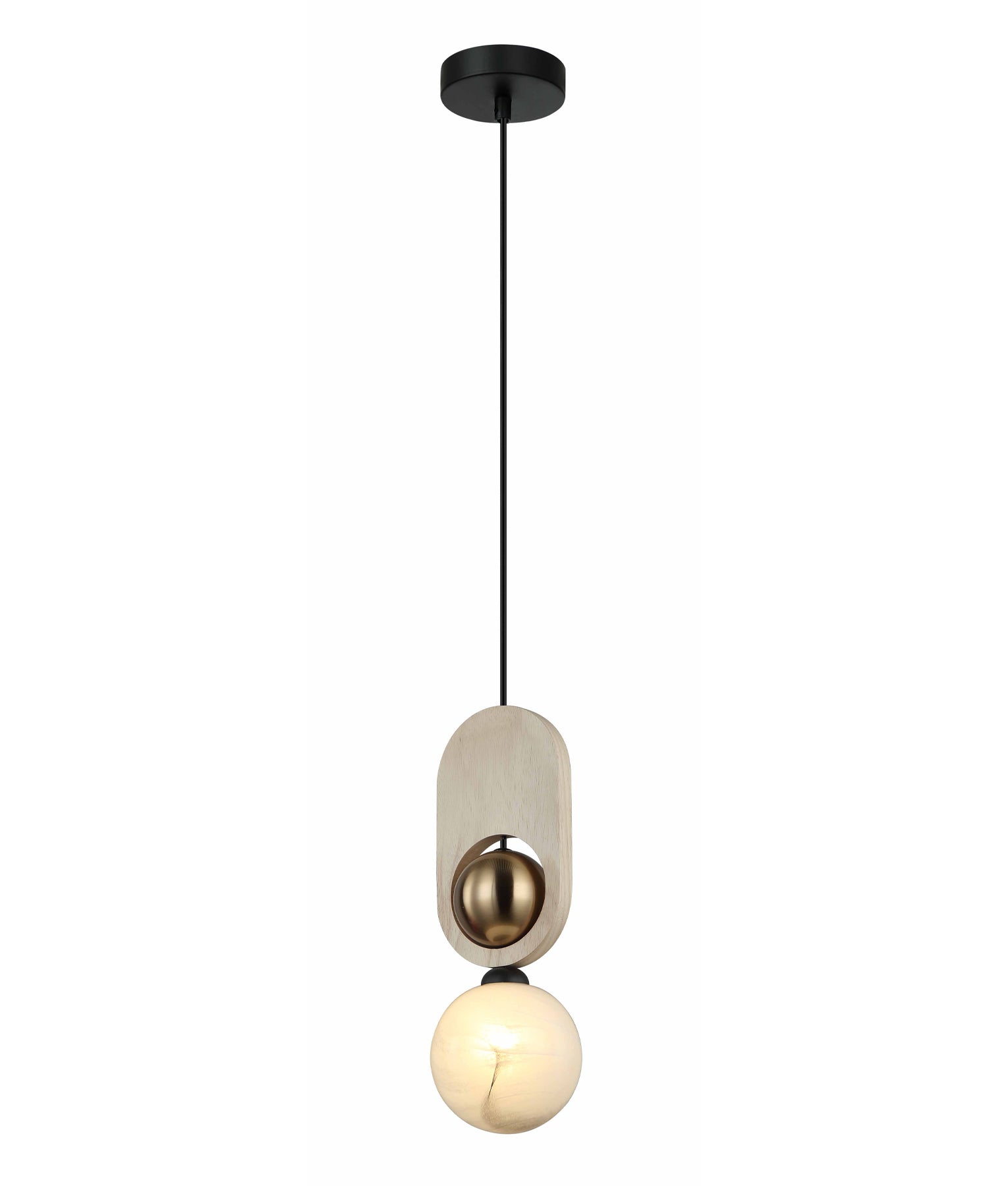 Palta: Interior Sandblasted Opal Diffuser with Brass & Wood Highlight Pendant Lights