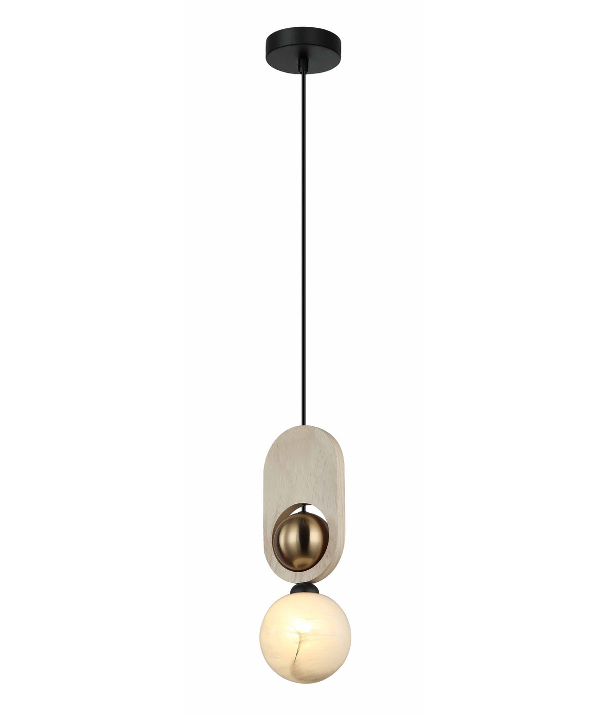 Palta: Interior Sandblasted Opal Diffuser with Brass & Wood Highlight Pendant Lights