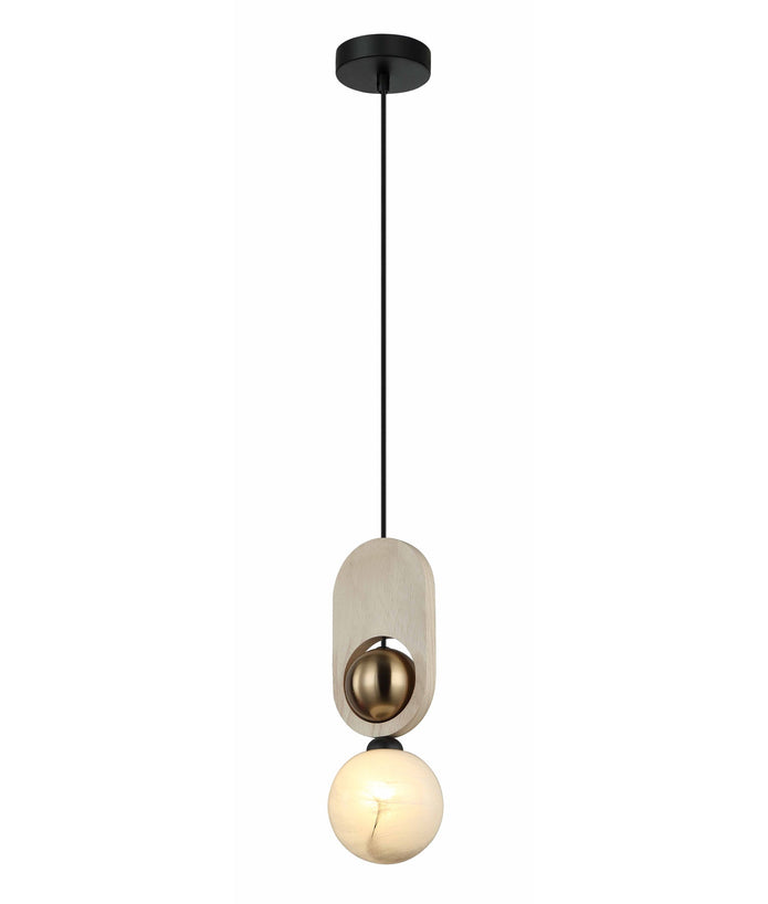 Palta: Interior Sandblasted Opal Diffuser with Brass & Wood Highlight Pendant Lights