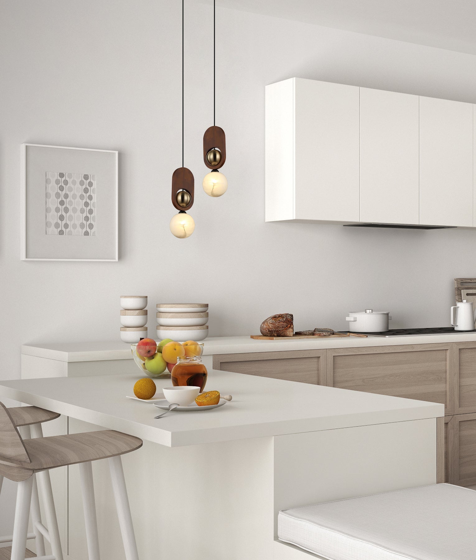 Palta: Interior Sandblasted Opal Diffuser with Brass & Wood Highlight Pendant Lights