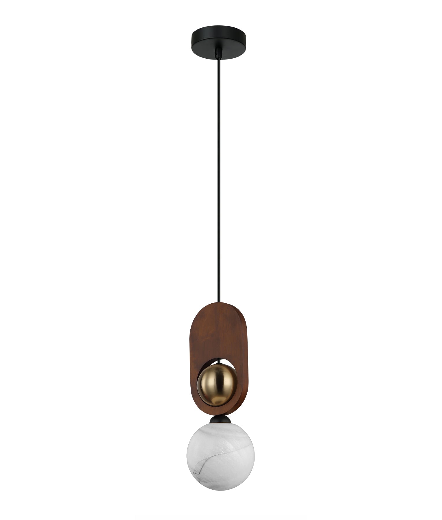 Palta: Interior Sandblasted Opal Diffuser with Brass & Wood Highlight Pendant Lights