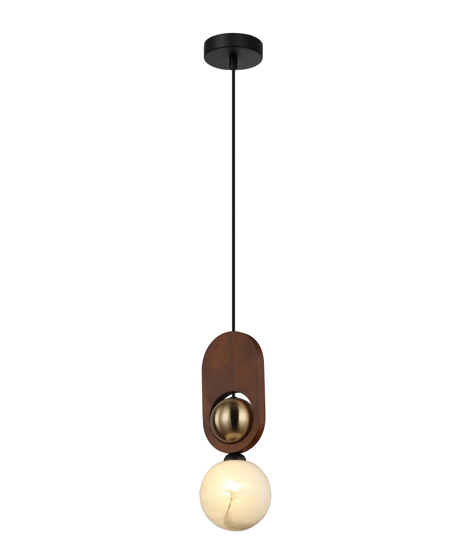 Palta: Interior Sandblasted Opal Diffuser with Brass & Wood Highlight Pendant Lights
