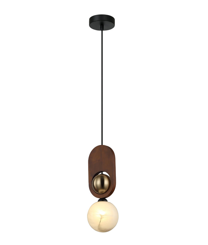 Palta: Interior Sandblasted Opal Diffuser with Brass & Wood Highlight Pendant Lights