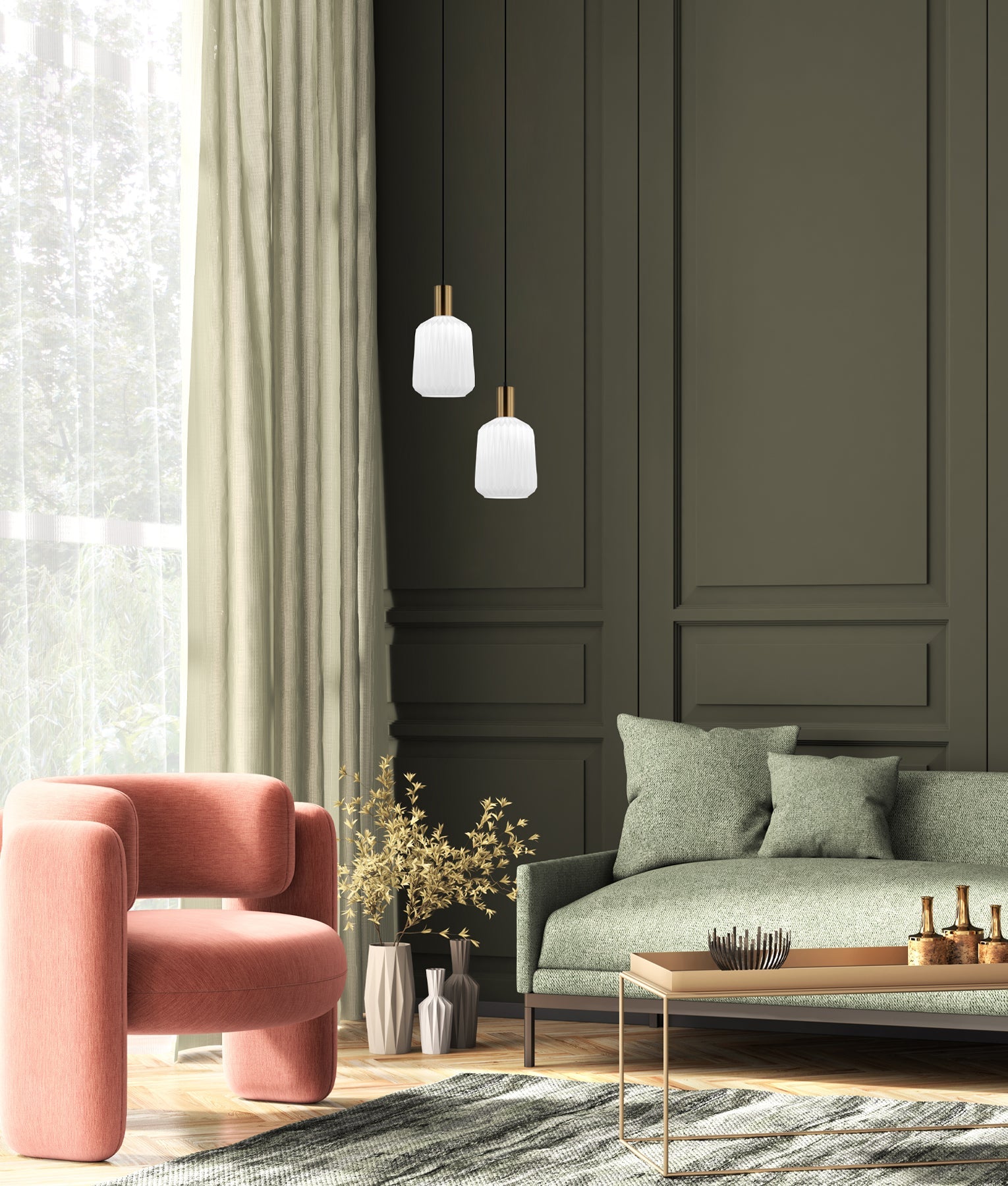 Papel: Interior Pleated Opal Opaque / Translucent Jar Glass Pendant Lights