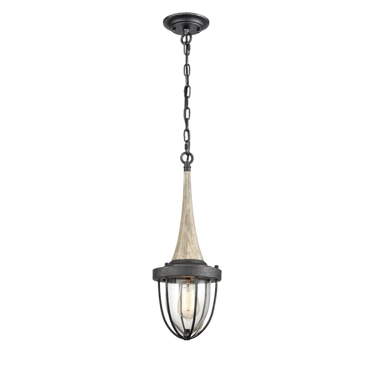 Pendolo 1 Light Pendant Light in Weathered Cahrcoal with Washed Wood and Clear Glass