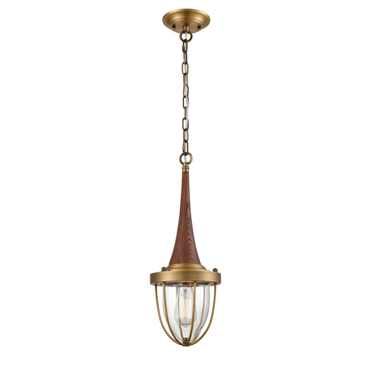 Pendolo 1 Light Pendant Light in Satin Brass with Dark Wood and Clear Glass