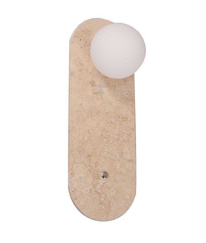 POI: Interior Oblong Travertine Base with Beige Finish & Round Opal Diffuser Wall Light