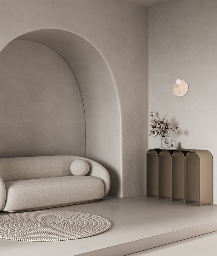 POI: Interior Round Travertine Base with Beige Finish & Round Opal Diffuser Wall Light