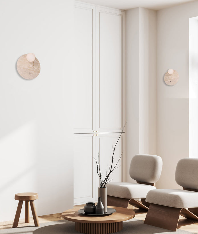 POI: Interior Round Travertine Base with Beige Finish & Round Opal Diffuser Wall Light