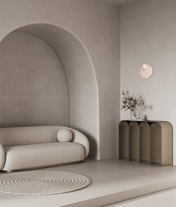 POI: Interior Round Travertine Base with Beige Finish & Round Opal Diffuser Wall Light