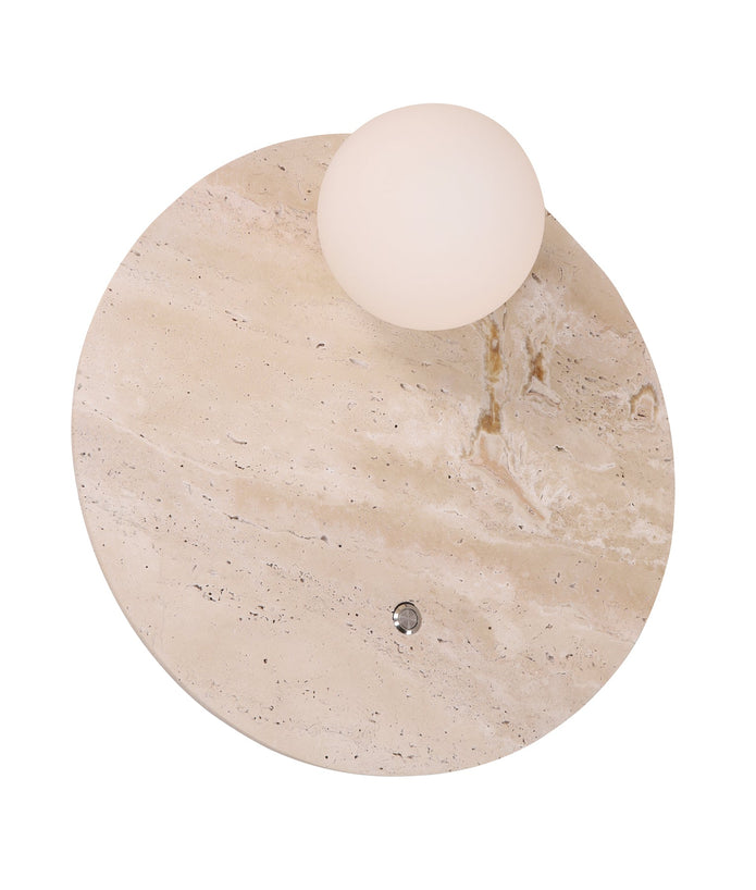 POI: Interior Round Travertine Base with Beige Finish & Round Opal Diffuser Wall Light