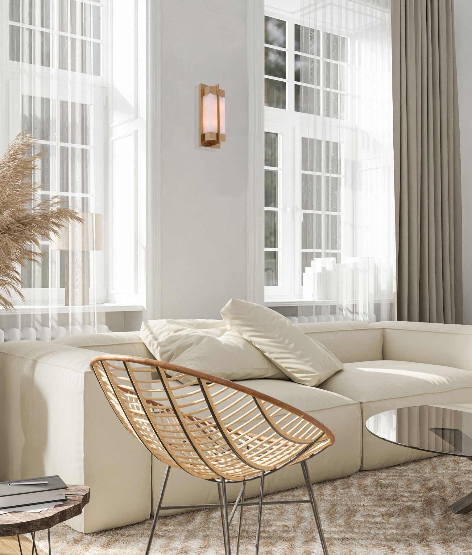 Puente: Interior Rectangular Marble with Brass Highlight Wall Light